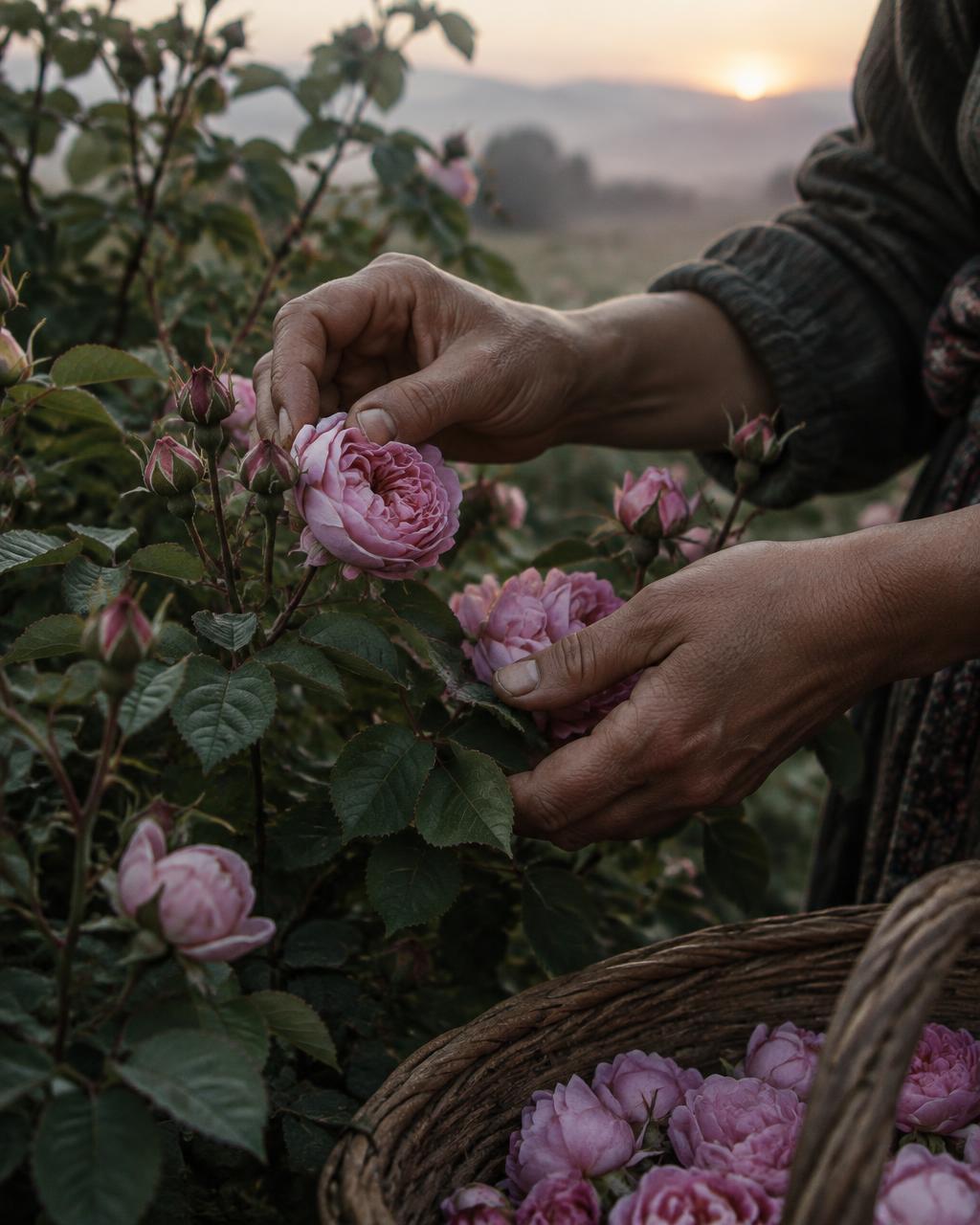 Hands gently gathering rose blossoms in early morning light