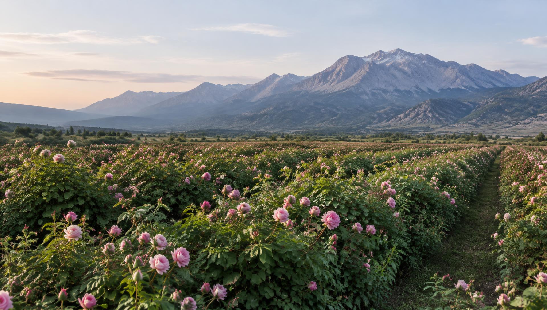 An illustrative view of rose fields and mountain landscapes inspired by Isparta