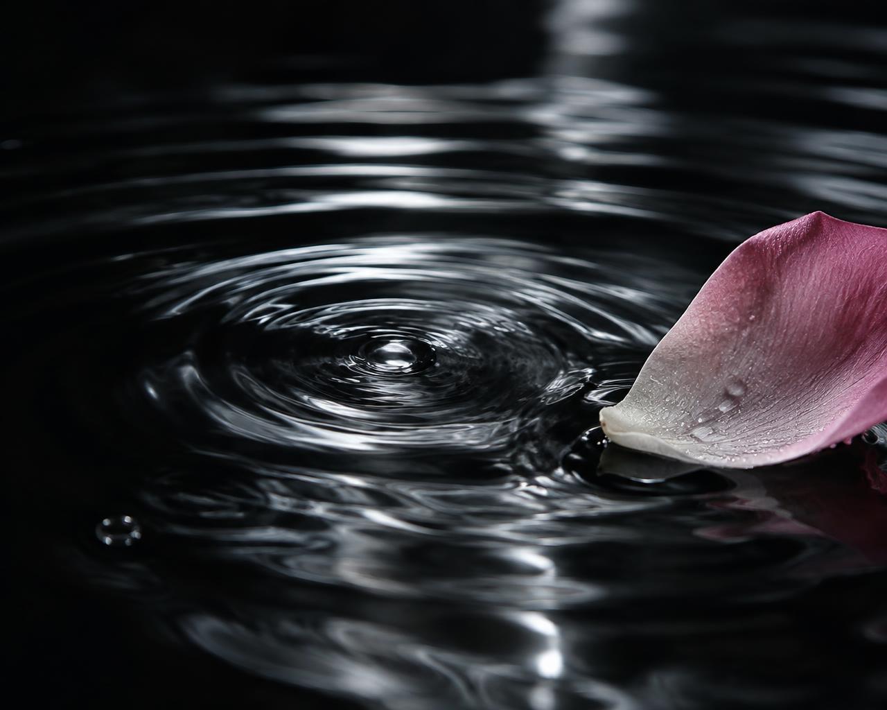 Silvery water ripples beside a delicate rose petal